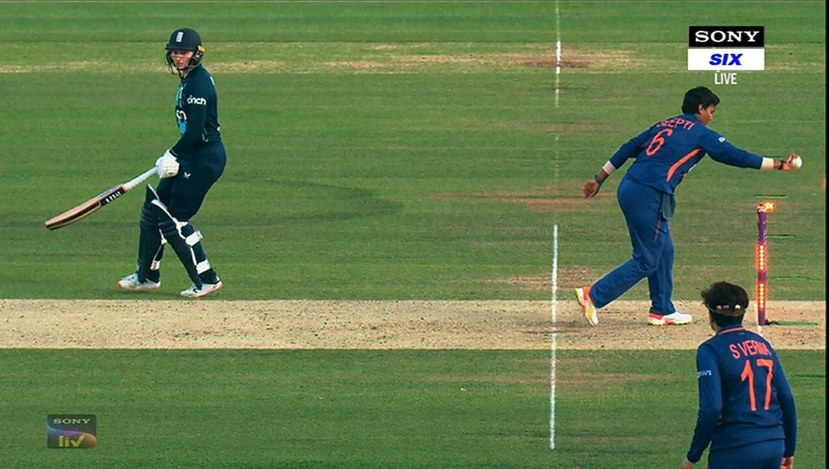 varungrover's tweet photo. And look at this image. Charlie Dean was not just 'out of the crease', she was already halfway to Ludhiana from London! She had it coming. 

#DeeptiSharma https://t.co/jnAfugA8Yi