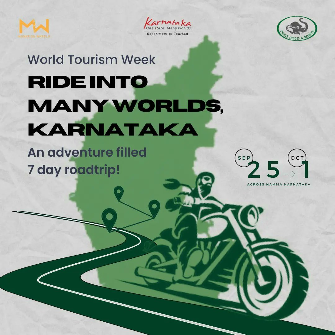 jungle_lodges's tweet photo. Ride into many worlds, Karnataka 
We are happy to announce that we are coming up with an all-new adventure with a 7-day roadtrip in association with @MonksOnWheels in an attempt to promote adventure travel in Karnataka on the occasion of World Tourism Day 2022 🌎 https://t.co/lPpIuyckRO