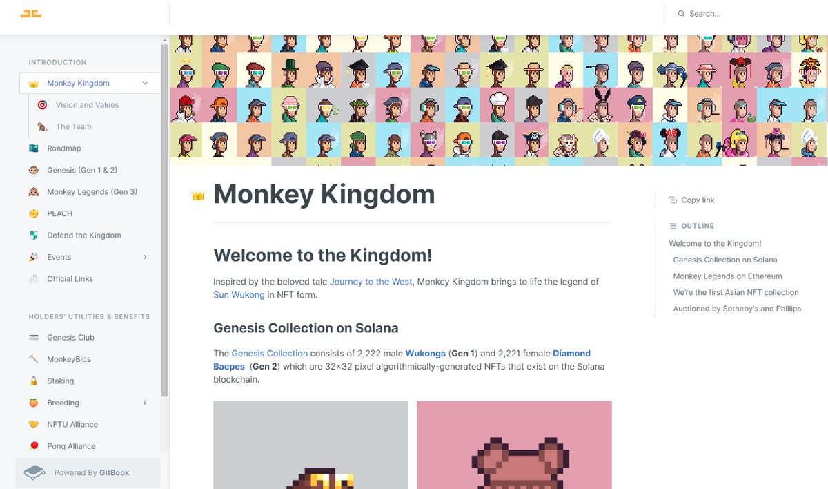 awkwardalz's tweet photo. We have put together a pretty detailed gitbook for 
@MonkeyKingdom
Thanks to our mods &amp; councils, it documented the entire journey that MK has gone through. It's a good source of info to see what MK has done in the past, and why I think MK is undervalued.

https://t.co/Sus5MCPYU0 https://t.co/UujvWzfa7t