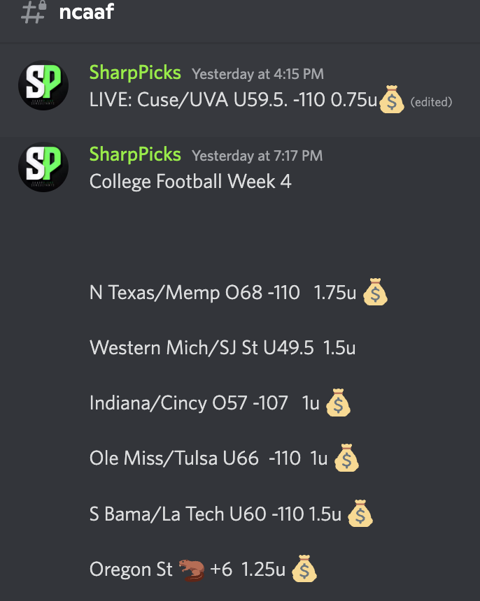 Imagine being in this discord server as a client

💰Cuse/UVA U59.5. -110 
💰N Texas/Memp O68 -110  
💰Western Mich/SJ St U49.5 
💰Indiana/Cincy O57 -107  
💰Ole Miss/Tulsa U66  -110  
💰S Bama/La Tech U60 -110 
💰Oregon St 🦫 +6 

1 person to LIKE this tweet will WEEK VIP FREE‼️