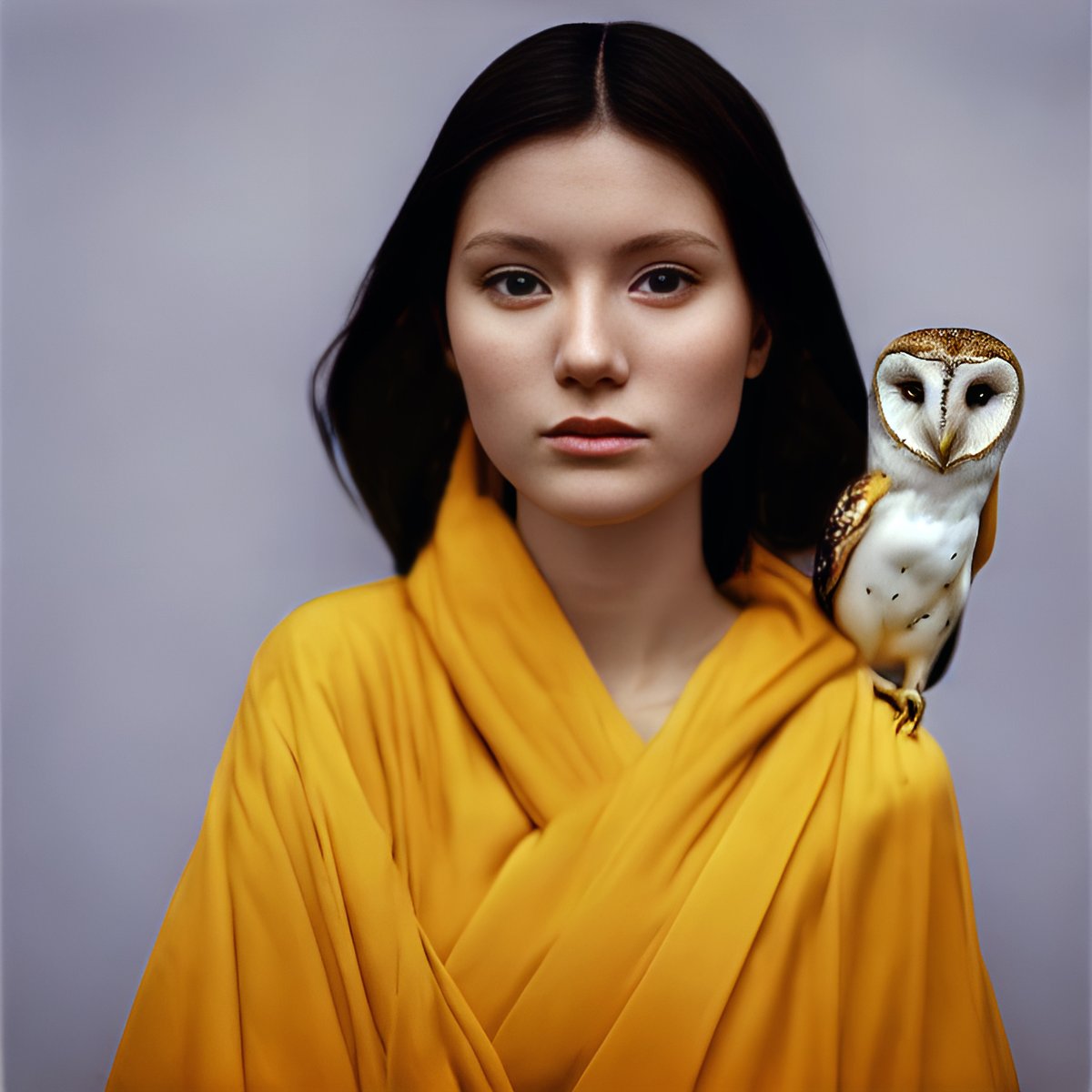 Mathieustern's tweet image. Never without my AI generated owl
Medium format portraits made in #stablediffusion and face corrected in #codeformer 
#aiartcommunity