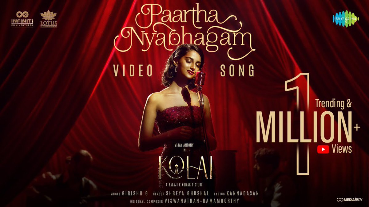 1️⃣Million+ hearts for everlasting retro song #PaarthaNyabhagam #Kolai starring @vijayantony ICYMI ▶️ bit.ly/3SlRB8L 🎶 @ggirishh 🎤 @shreyaghoshal 🎬 @DirBalajiKumar @ritika_offl @Meenakshiioffl @FvInfiniti @lotuspictures1 @saregamasouth @DoneChannel1 @CtcMediaboy