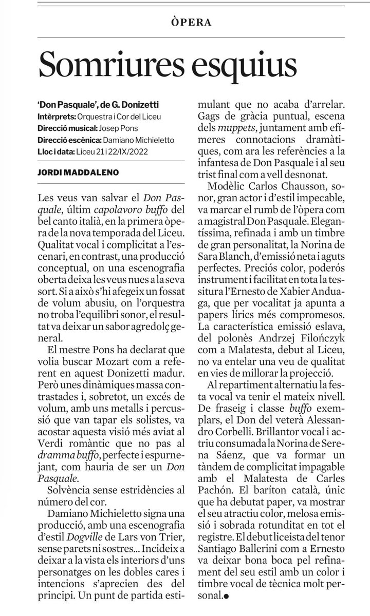 JordiMadd's tweet photo. Les veus, joves, fresques i de casa, @SaraBlanch_SB @serena_saenz @CarlesPachon i @xabieranduaga el millor d’un cast on el #belcanto vocal q no orquestal brilla al #DonPasquale de #Donizetti inaugural @Liceu_cat #Crítica @LaVanguardia con 2 históricos protas #Chausson #Corbelli https://t.co/kXqLHlOsIf