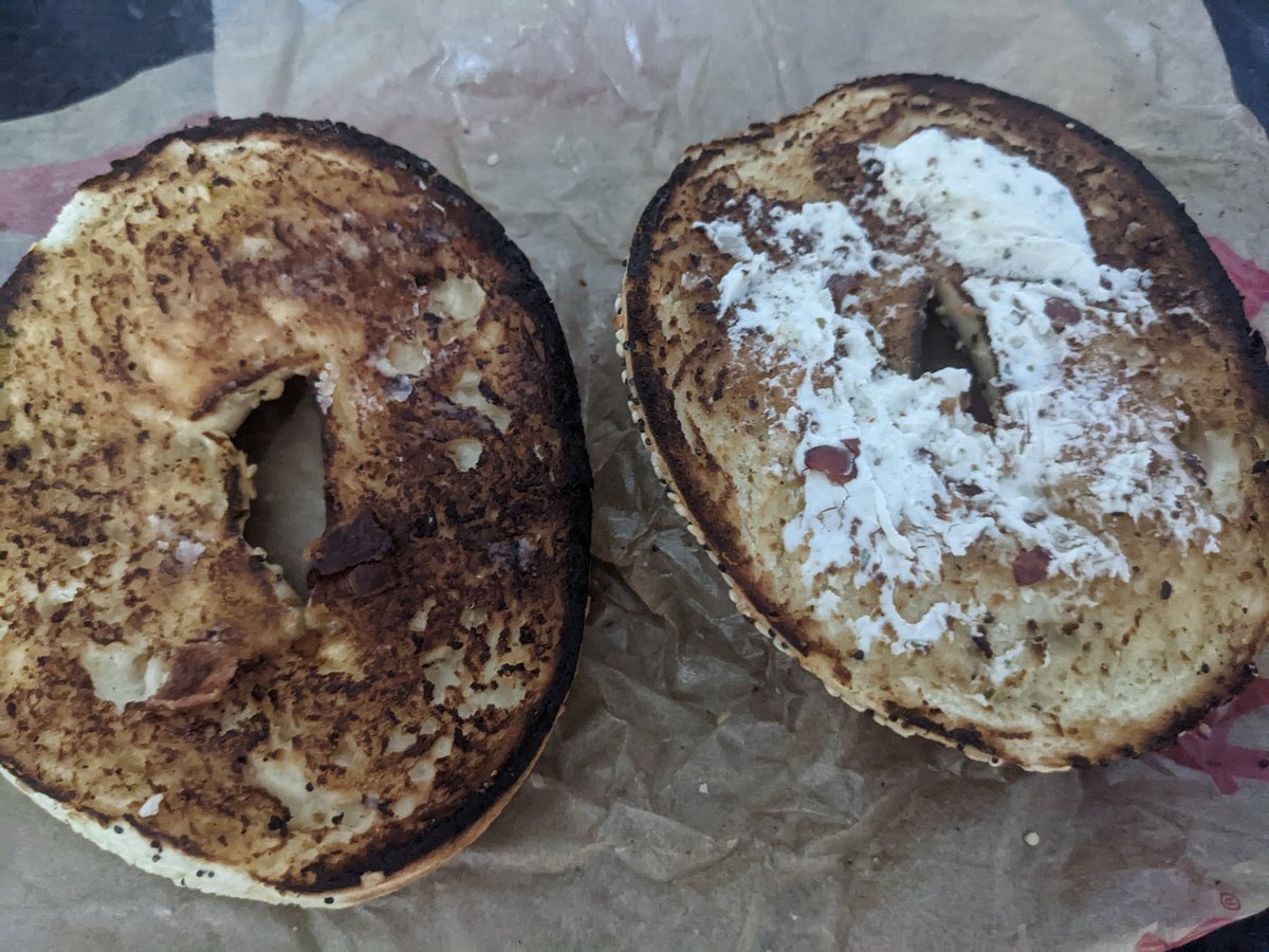Firep4nts's tweet photo. @TimHortons Thanks for the bagel with cream cheese! If you're out of cream cheese, just tell me, don't pass this off as a proper portion https://t.co/CKGS3jcBnK