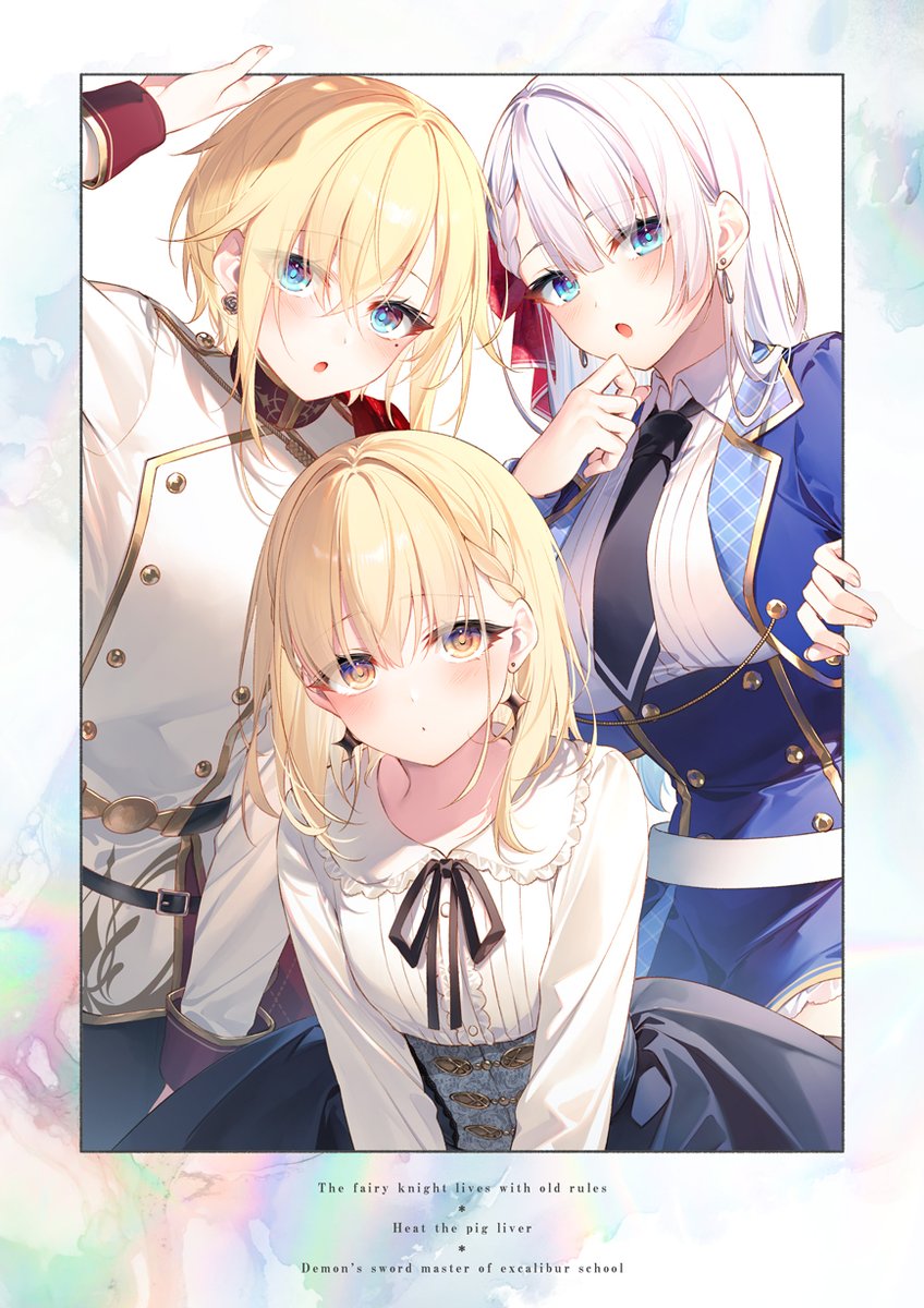 multiple girls blonde hair blue eyes jewelry earrings looking at viewer necktie  illustration images