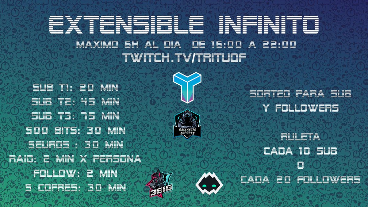 ‼️EXTENSIBLE INFINITO‼️

El jueves es mi cumpleaños y a partir de mañana a las 16:00 a 22:00, 6H al día como máximo.

El tiempo se podrá AMPLIAR de muchas maneras diferentes (en la imagen lo podéis ver).

Varios juegos, sorteos, ruleta.
<a href="/GallaeziaG/">Gallaezia eSports</a> @3en1game