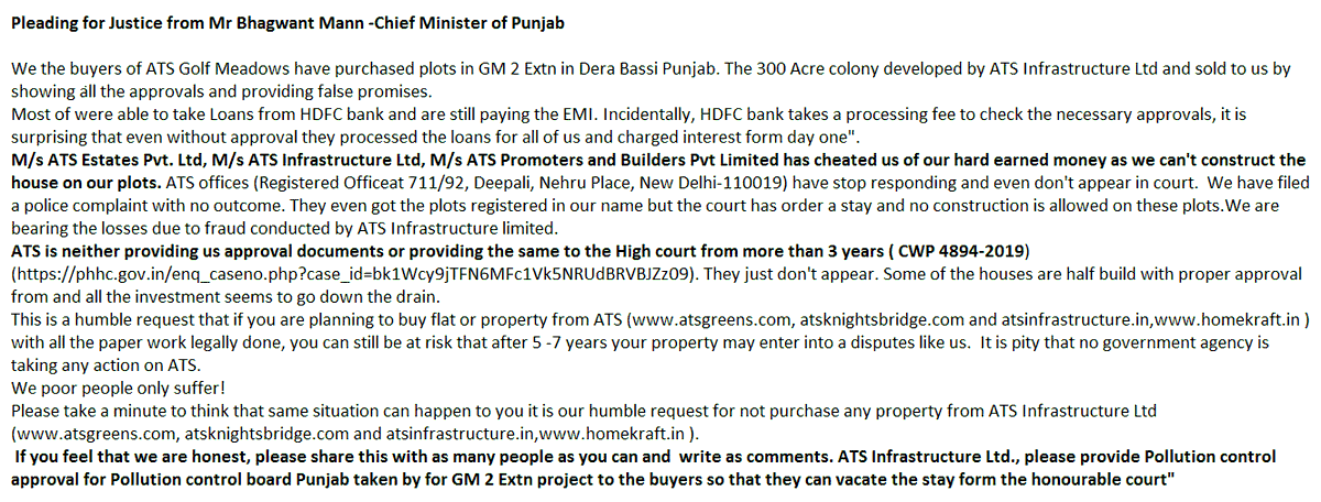 HimanshuTashan's tweet photo. @BhagwantMann Ji look forward to solve our problem ( 77 families),Pls help.Attach Details Case pending with Pjb Gvt Agncy.@atsgreenspvtltd #GeetambarAnand has cheated us,we can't construct the house on our plots CWP4894-2019. All share &retweets #ATSFRAUD
#ATSINFRASTRUCTURE
#ATS https://t.co/5CtbygHQ3u