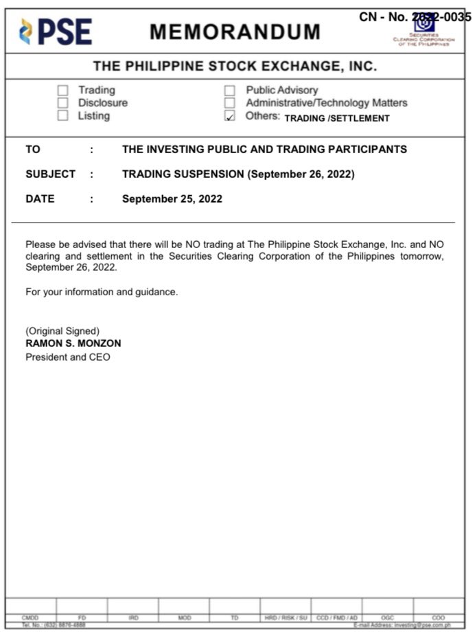 FYI. No trading at PSE, clearing and settlement at SCCP tomorrow, September 26. 

Ingat po.