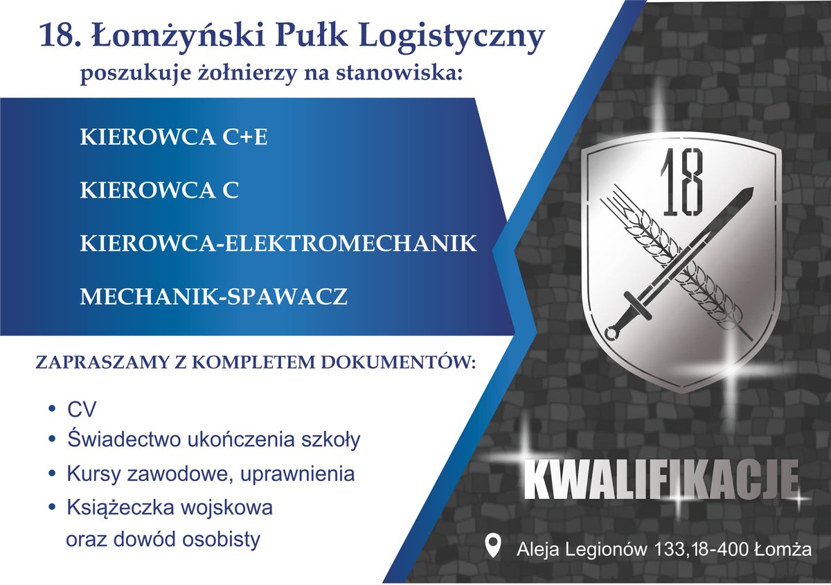 WCR_Bielsk_Podl's tweet photo. ROZMOWY WERYFIKACYJNE DO 18 Łomżyński Pułk Logistyczny❗️
Już 2️⃣7️⃣.0️⃣9️⃣ odbędą się rozmowy z kandydatami do służby w #Łomża i #BiałaPodlaska. Więcej info 👇
NIE BYŁEŚ/AŚ W WOJSKU⁉️
#DobrowolnaZSW to szansa dla Ciebie❗❗❗
#DołączDoNas na https://t.co/kmqESZWWPW
Grafika #18Plog https://t.co/tLQZe4OejP