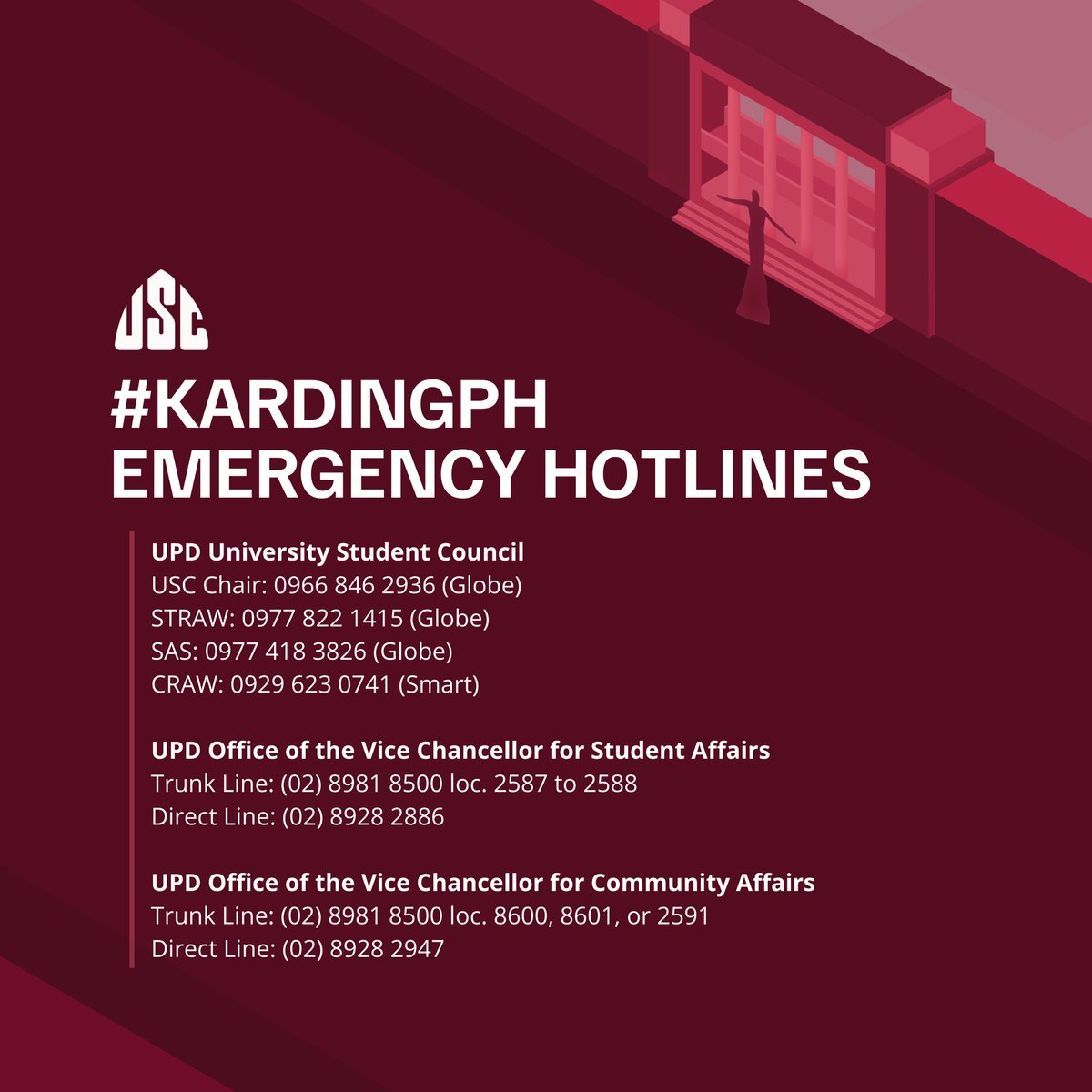 USCUPDiliman's tweet photo. #KardingPH | Emergency Hotlines

In case of any emergency, the UP Diliman University Student Council has compiled the following national, local, and university-wide hotlines.

Ibayong ingat tayong lahat, Iskolar ng Bayan!

#KardingPH
#NoStudentLeftBehind https://t.co/FQ59OCzZ1e