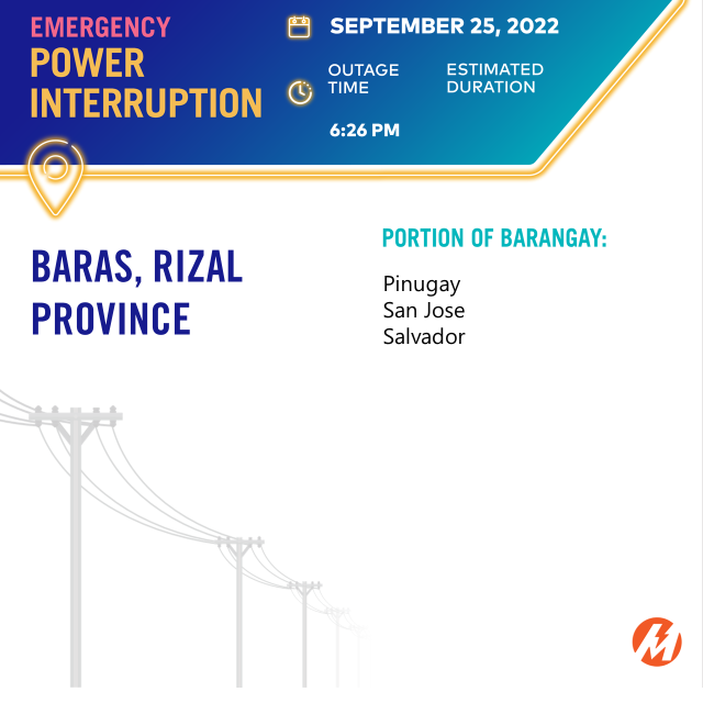 meralco's tweet photo. Your area in  Antipolo City, Baras, Morong and San Mateo, Rizal Province may have been affected by an emergency line trouble which occurred at 6:26 PM due to Typhoon Karding. 
Track the status of the outage through the Meralco Outage Map. 
https://t.co/VNxSiqn3kD https://t.co/9m2tSCg0ik