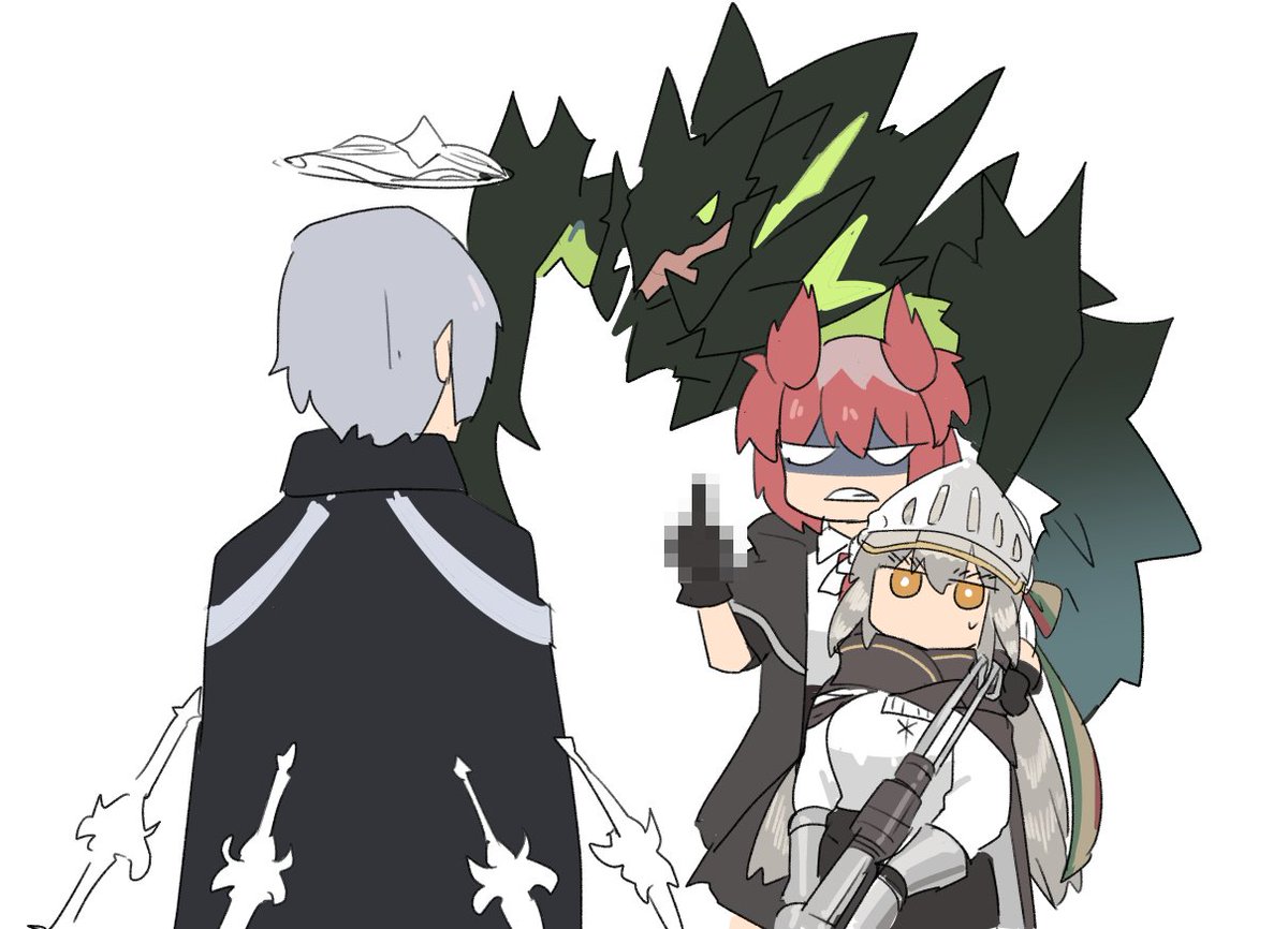 multiple girls feather hair grey hair visor (armor) white background weapon mosaic censoring  illustration images