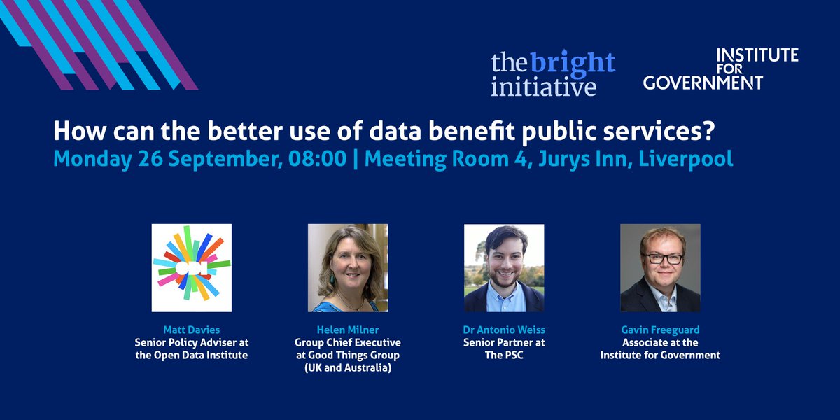 We'll be kicking things off on Monday at 8am with our event exploring how the better use of data can benefit public services. Our panel includes @halcyene from @ODIHQ; @helenmilner; @antonioeweiss, and will be chaired by @GavinFreeguard.