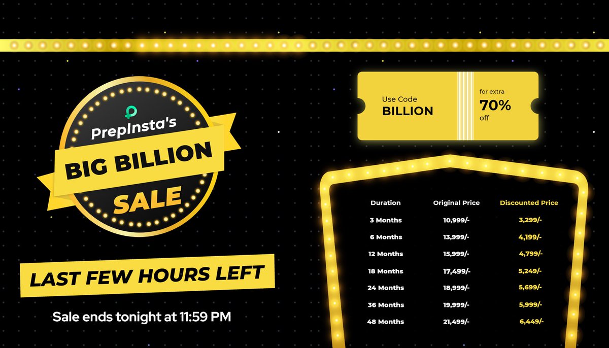 prepinsta's tweet photo. Last few hours till the BIG BILLION DAYS are over💔
PrepInsta’s #BigBillionDaySale ends tonight at 11:59PM
Use Coupon Code BILLION and get ✨70% off✨ on your #prime subscription
Hurry, tap below 👇
https://t.co/qcbzDHBgTl
#Sales #offer #Trends #bigbilliondays #prepinsta https://t.co/uO2MhyW1bX