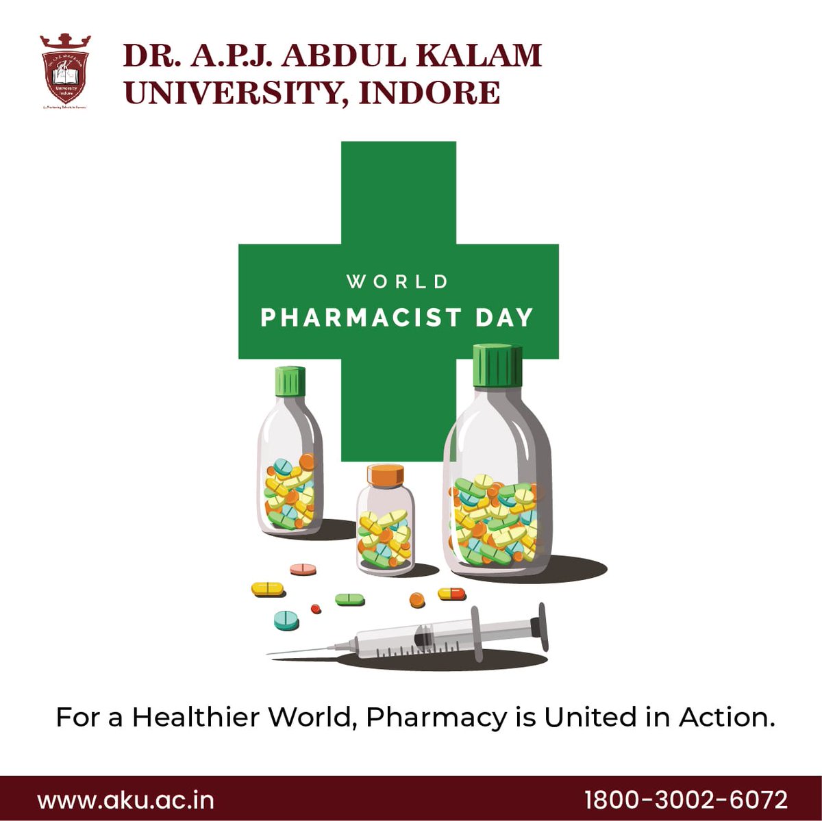 APJ_University's tweet photo. Happy World Pharmacist Day!🤩
For a Healthier World, Pharmacy is United in Action.
Please visit https://t.co/4rLO7nSpjL
#apjuniversity #PharmacistDay #WorldPharmacistDay #WorldPharmacistDay2022 #Pharmacists #indore  #indorecity #indorediaries #indore_city #madhyapradesh https://t.co/KyHuMqVI0R