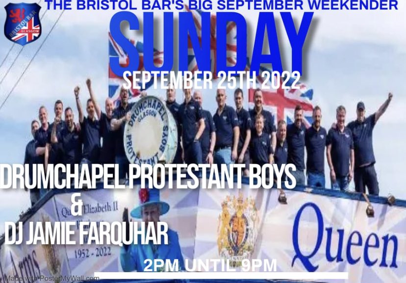 The_Bristol_Bar's tweet photo. The Drum Proddy Boys are back in town
It’s time for a Bristol bar super Sunday
Live from 2pm
The Drumchapel Protestant Boys Flute Band & DJ Jamie Farquahar
Everyone welcome, no tickets required. Under 18’s along with adults until 8pm only.
#bristolbar #DPBFB https://t.co/sndtP8YcFi