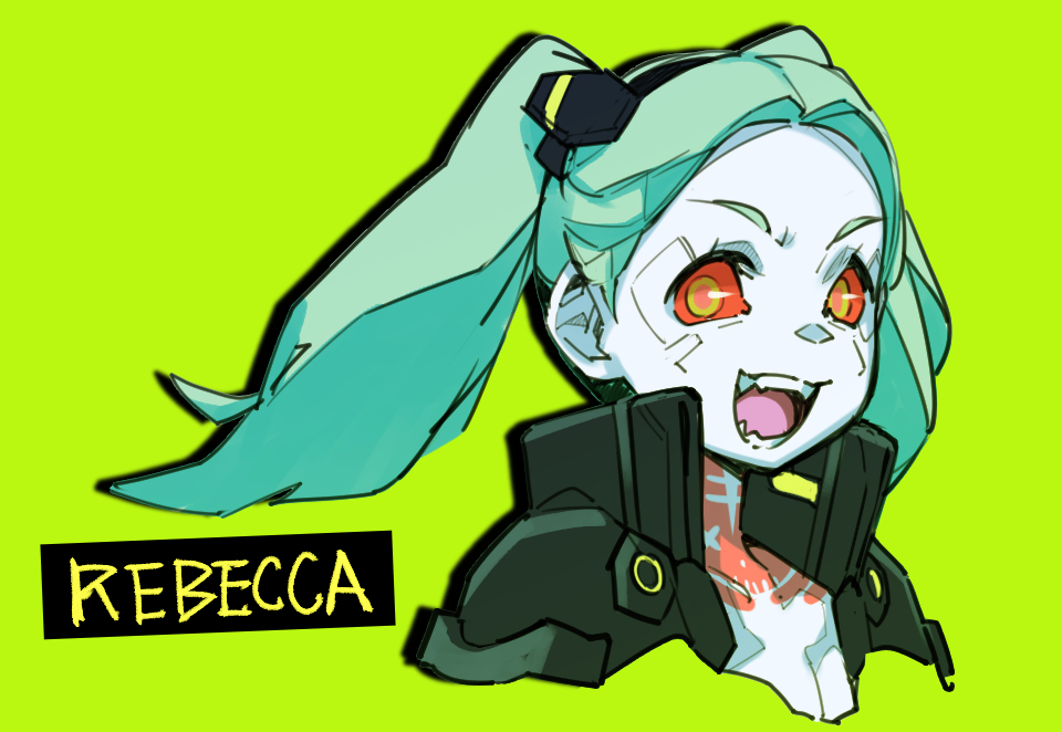 rebecca (cyberpunk) 1girl solo twintails red sclera green background colored sclera open mouth  illustration images