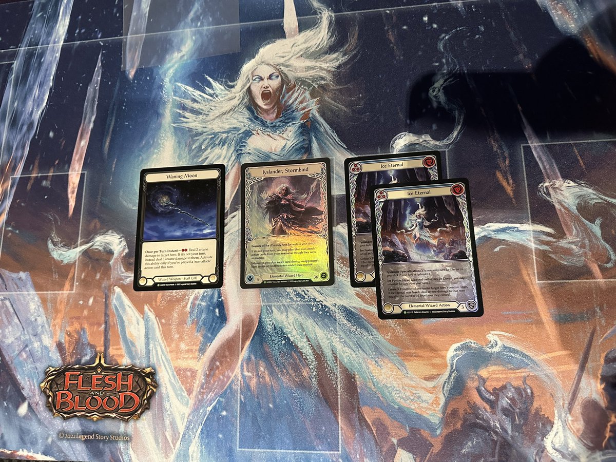 Iyslander giveaway . Playmat . Rainbow foil hero . Cold foil weapon . 2x extended art foil ice eternal. All you have to do for a chance to win is retweet . (And cover shipping to your country) #fabtcg