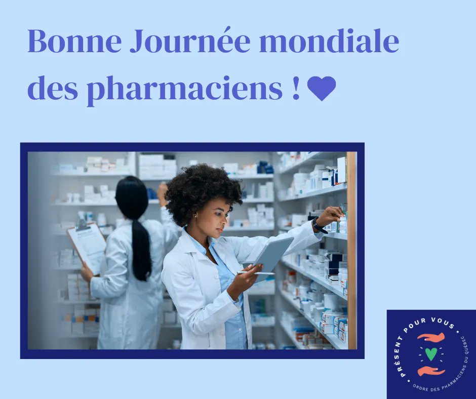 OrdrepharmaQc's tweet photo. Le 25 septembre est la Journée mondiale des pharmaciens. Nous saluons nos collègues du monde entier, animés par la même passion de la profession que les pharmaciens et pharmaciennes d’ici. Bonne journée à tous ! 💚🎉 https://t.co/x38LCq5bJn