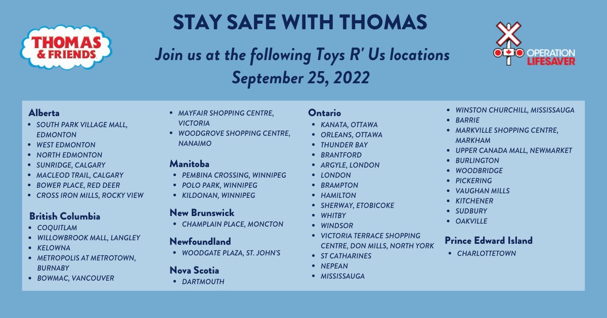 oplifesaver's tweet photo. Today’s the day! Take your kids to select @toysruscanada stores to hear a reading of our new Thomas & Friends rail-safety storybook, and pick up a free activity book too! #RSW2022 #StaySafeWithThomas https://t.co/GZRpwy5aVH https://t.co/I2aGq1mUX8