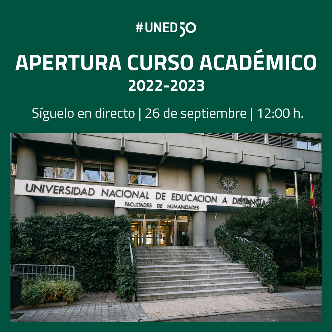 S.M. el Rey presidirá mañana el acto de apertura del Curso Académico 2022-2023 de las Universidades Españolas.

📍 En el Salón de Actos del Edificio Humanidades de la #UNED.

🔴 Podrás seguirlo en directo a partir de las 12:00 h.
📡 canal.uned.es/live/event/631…

#UNED50 #AperturaCurso