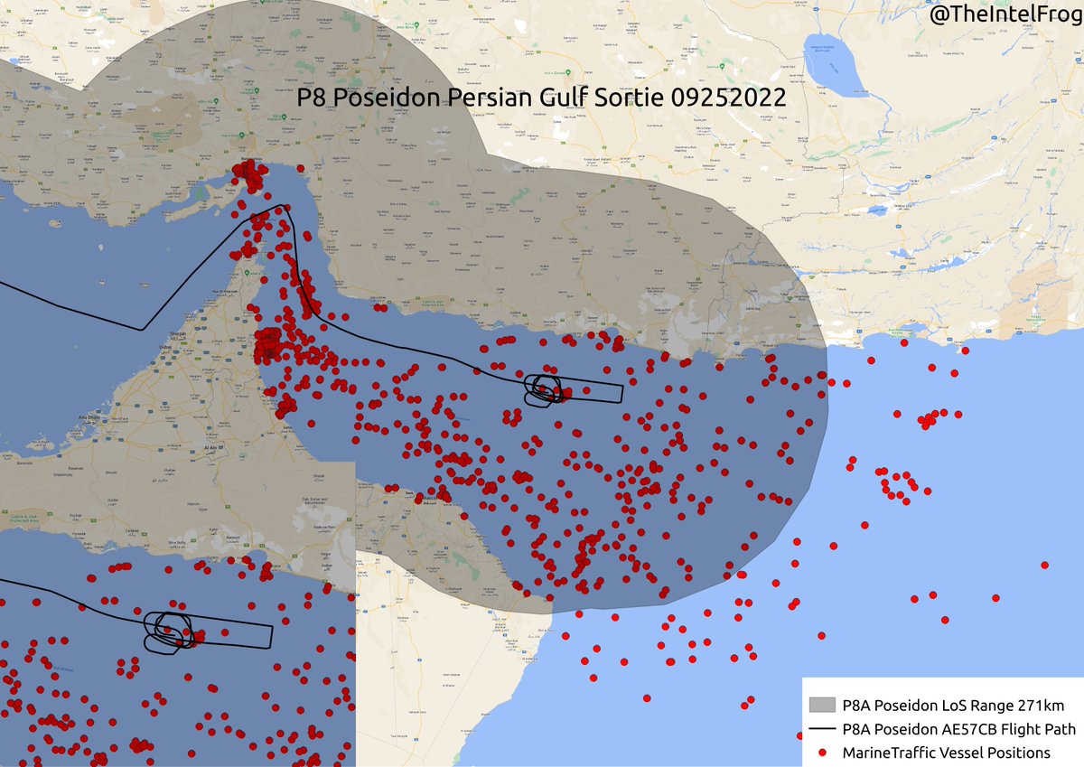 TheIntelFrog's tweet photo. P-8A Poseidon #AE57CB has been on patrol circling some vessels just south of the Iran border.
This depicts it's flight path and sensor range while showing vessel positions from https://t.co/0knkY1Z3R1 https://t.co/tEYPz2TLJB