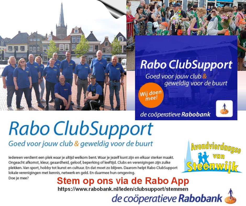Stem jij op ons? Alvast bedankt 💖voor jouw stem op de Avondvierdaagse van Steenwijk.
( rabobank.nl/leden/clubsupp… )

#Steenwijk #Steenwijkerland #Clubsupport