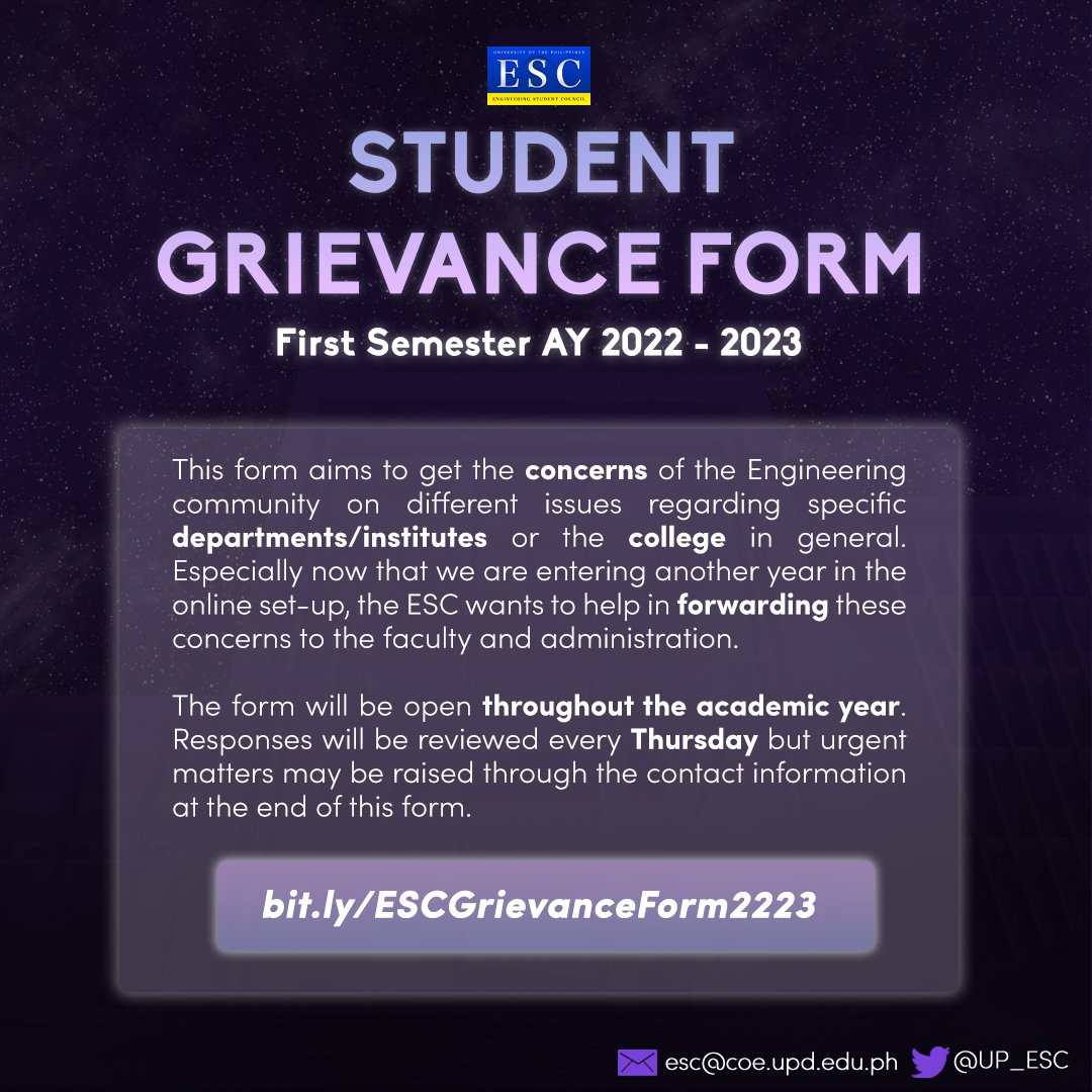 GEreps's tweet photo. [GE STUDENTS GRIEVANCE FORM]

The GE Representatives will be adopting the Grievance Form released by UP ESC. If you have any difficulties encountered throughout the academic year, you may answer the grievance form here:

 https://t.co/mwkLXL0TEp
https://t.co/mwkLXL0TEp

#UPDGE https://t.co/vhaskFXdc7