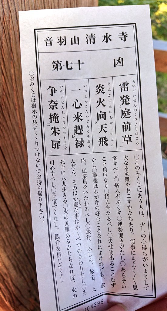 これは清水寺でのおみくじ
凶なんだけど安井金比羅宮と大体同じこと言ってて笑った 調子に乗らず慎重に生きようね～ 