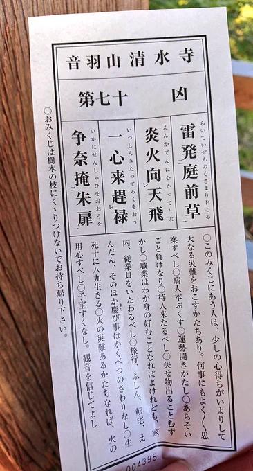 これは清水寺でのおみくじ
凶なんだけど安井金比羅宮と大体同じこと言ってて笑った 調子に乗らず慎重に生きようね～ 