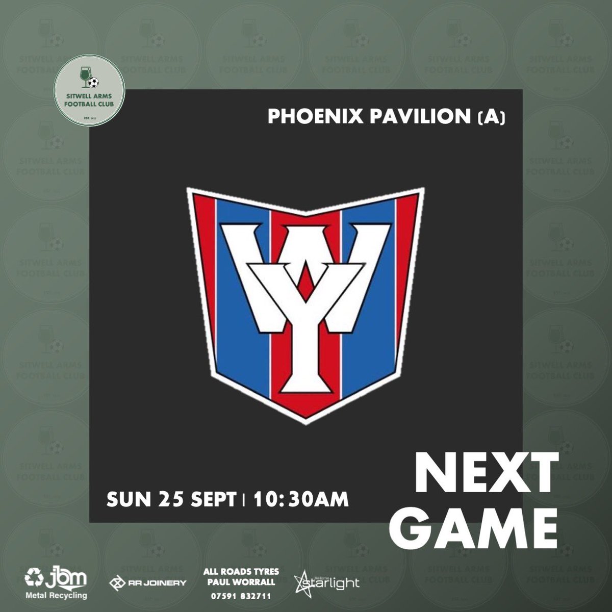 sitwellarmsfc's tweet photo. 𝐈𝐓’𝐒 𝐌𝐀𝐓𝐂𝐇 𝐃𝐀𝐘 

This morning, we face Wickerlsey AFC in the league! 👊

🕥 10:30am KO
📍 Phoenix Pavilion (A)

#sitwellarms @rdslfootball https://t.co/x7UjKviLUz