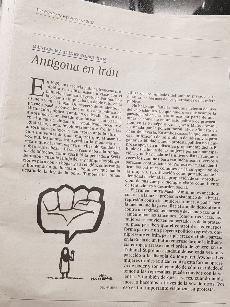 rodriguezluz_'s tweet photo. Qué bueno el artículo "Antígona en Irán" de @MariamMartinezB en @el_pais! https://t.co/JqNdahdD5F