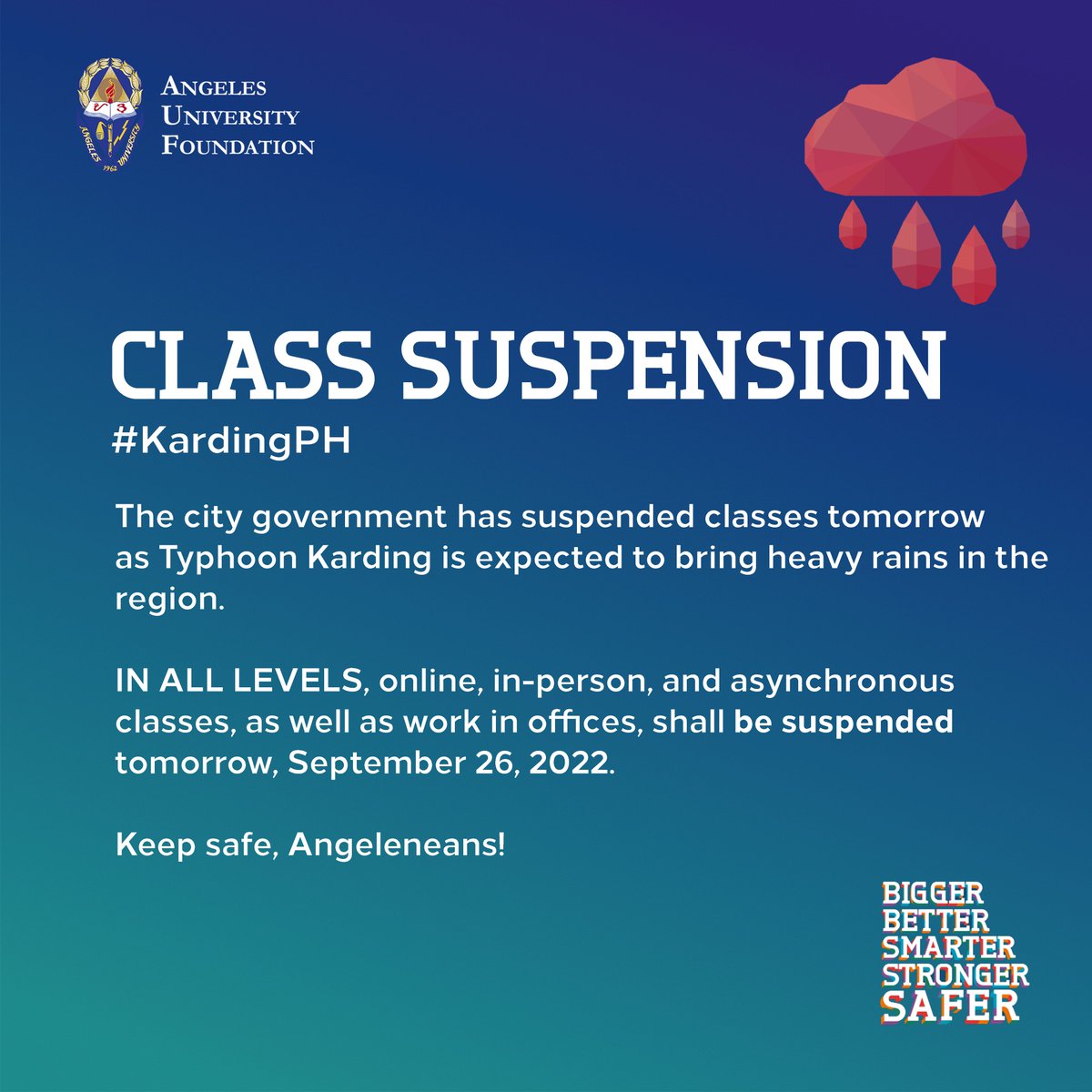 AUFconnect's tweet photo. ADVISORY
#WalangPasok #KardingPH

As of this post, Pampanga has been declared under Signal No. 3. Let us pray for the safety and protection of families affected by the typhoon, including those who are tasked to provide vital assistance in these times.
Stay safe, Angeleneans! https://t.co/b90vOz8na1