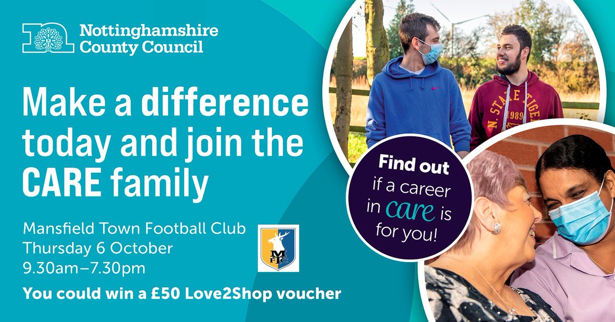💙 Find out if a career in care is for you

Pop into One Call Stadium <a href="/mansfieldtownfc/">Mansfield Town FC</a> 6 Oct to meet the best care providers in Mansfield recruiting to various roles working with younger &amp; older adults, with full training &amp; flexible hours

Find out more 👉 orlo.uk/SocialCareCare…