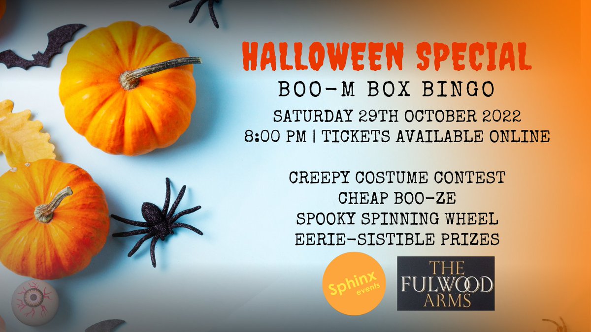TheFulwoodArms's tweet photo. There's JUST over a month to grab your all-important tickets for our #Halloween #SpecialEdition of #BoomBoxBingo! Check out the event below for all the special drinks deals, competitions & prizes! Don't miss out, we do Halloween properly here 👻🎃👽🥸
https://t.co/1iXQPvDxOK https://t.co/u7aisReB17