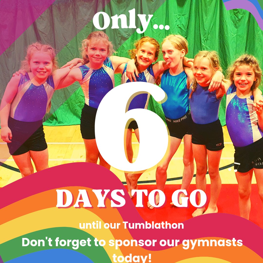 It's only 6 days until we start our Tumblathon!
Our gymnasts aim to do 10,00 cartwheels
Our trampolinists aim to do 1,000 somersaults
Our JuniorGym aim to do 100 rolls
By sponsoring our gymnasts they can purchase new club kit. Funds left will support coach education and equipment