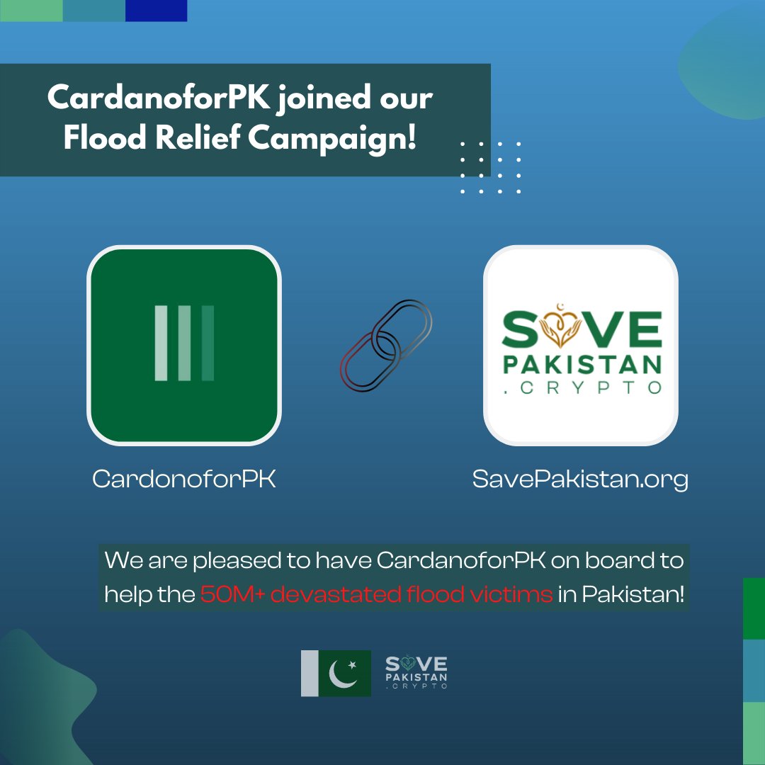 Partnership Announcement 📢 
@CardanoforPK  x  <a href="/Savepakistanorg/">Save Pakistan | Relief NFTs LIVE NOW on Optimism!</a> 💥 

Amidst the climatic catastrophe in #Pakistan, we are delighted to have @CardanoforPK on board to support us in extending a helping hand to the 50M+ #flood affectees in Pakistan 🇵🇰🕊️
Donate Now! Save Lives! 🙌