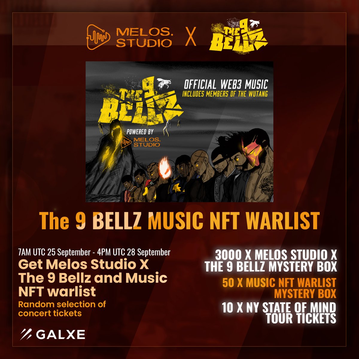 50 <a href="/The9Bellz/">9 Bellz Of War</a> NFT WARLIST #WL + 10 “<a href="/WuTangClan/">Wu Tang Clan</a> X @NAS #NYSTATEOFMIND Tour” concert tickets are up for grabs on @GalxeHQ!

Participate on #Galxe and win a Mystery Box:
galxe.com/melos/campaign…

#RockinWithMelos #WuTangForever #MusicNFT