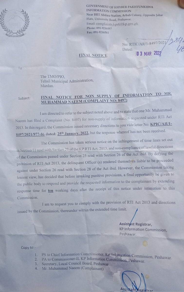naeemmrd1's tweet photo. KP Dysfuntional RTI Commission. After lapse of 11 months no TMO Mardan not responded to ant notices of RTI Commission. @TheRazaAliS @mqur2001 @Wabbasi007 @CGPA_Pakistan @AsadAToor https://t.co/a0bcJr3euE