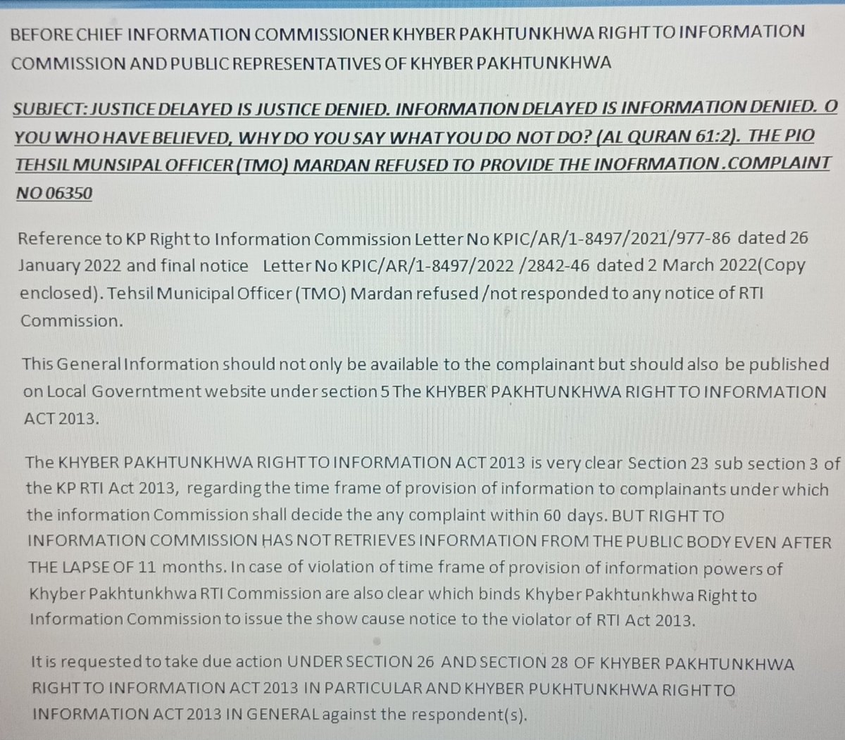 naeemmrd1's tweet photo. KP Dysfuntional RTI Commission. After lapse of 11 months no TMO Mardan not responded to ant notices of RTI Commission. @TheRazaAliS @mqur2001 @Wabbasi007 @CGPA_Pakistan @AsadAToor https://t.co/a0bcJr3euE