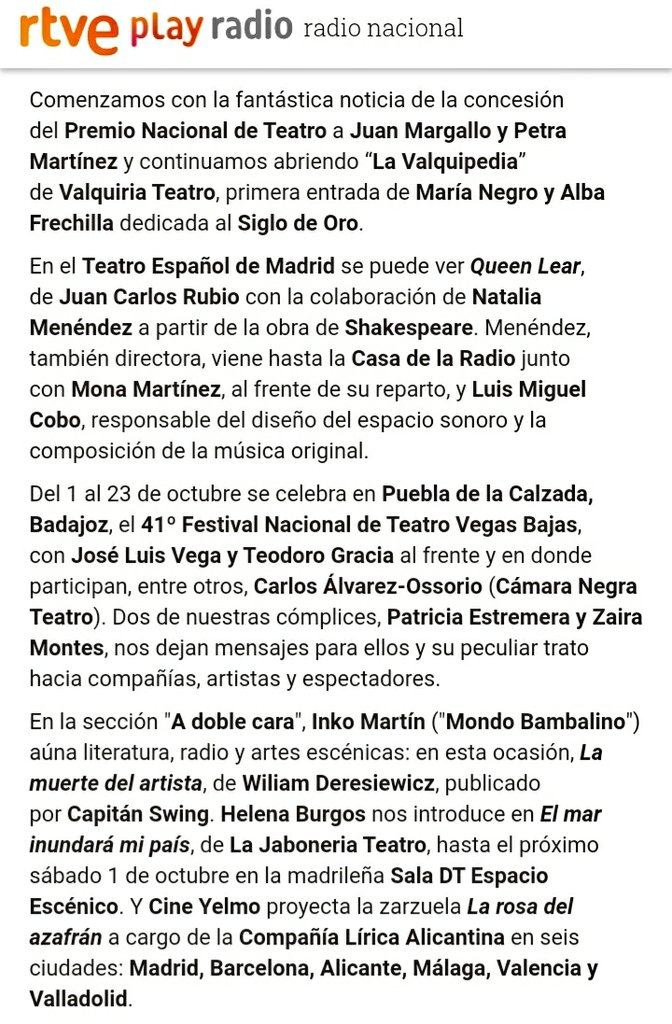 El programa 544 de #LaSala de #RNE: aquí, ⤵️, el pódcast; este domingo también a las 16h en Radio Nacional, 15h en Canarias.

🎧rtve.es/play/audios/la…

<a href="/ValquiriaTeatro/">Valquiria Teatro</a> <a href="/patriextrem/">Patricia Estremera</a> <a href="/ZairaMontes_/">Zaira Montes</a> <a href="/InkoMartin/">InkoMartín</a> <a href="/helenaburgos/">Helena Burgos</a> <a href="/marypalom/">Paloma Cortina</a> <a href="/RTVEGalicia/">RTVEGalicia</a> <a href="/RTVE_Ext/">RTVE Extremadura</a> <a href="/RTVEPaisVasco/">RTVEPaisVasco</a>