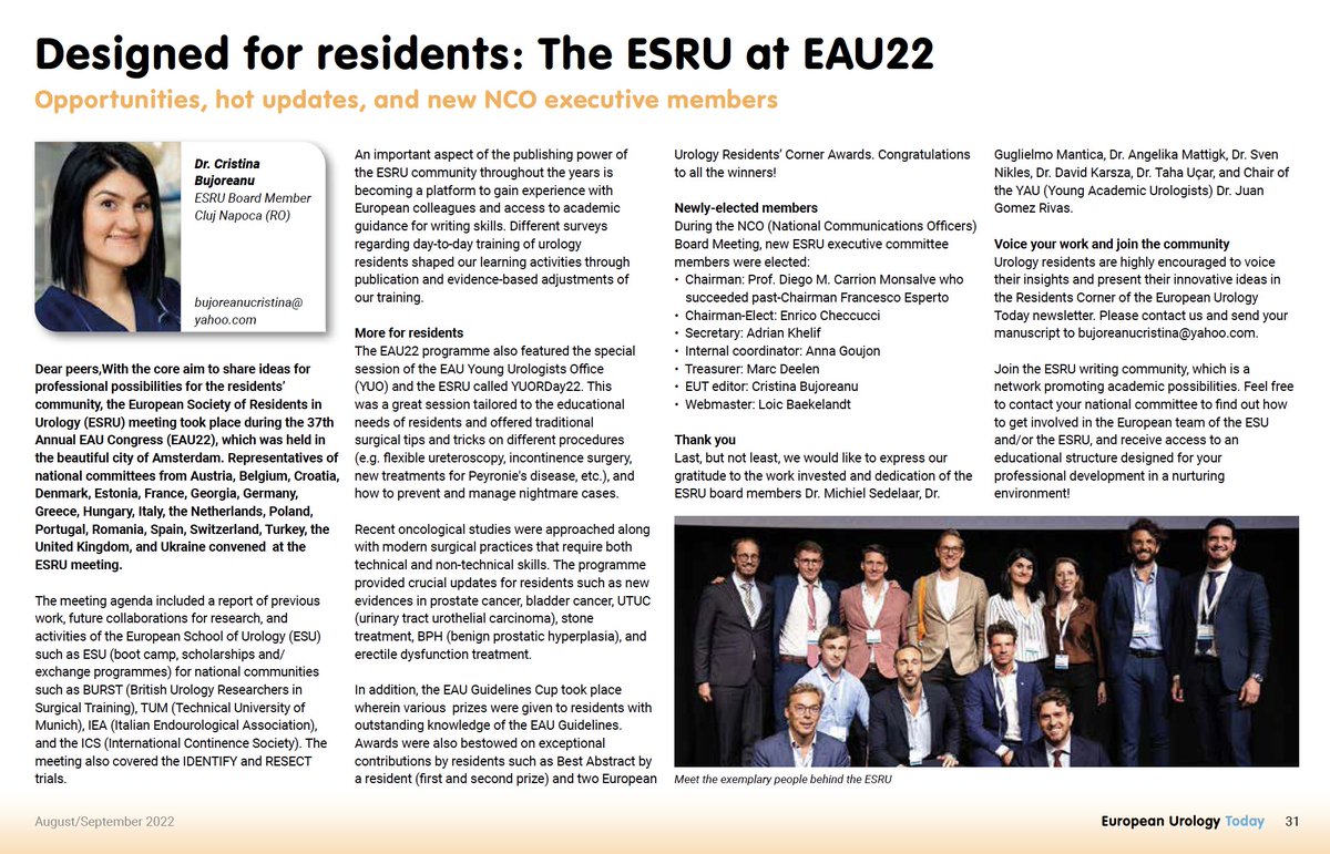 Find out why @ESRU is a platform designed for residents and our experience during #EAU22. New executive committee members and ideas for future years issuu.com/uroweb/docs/eu…