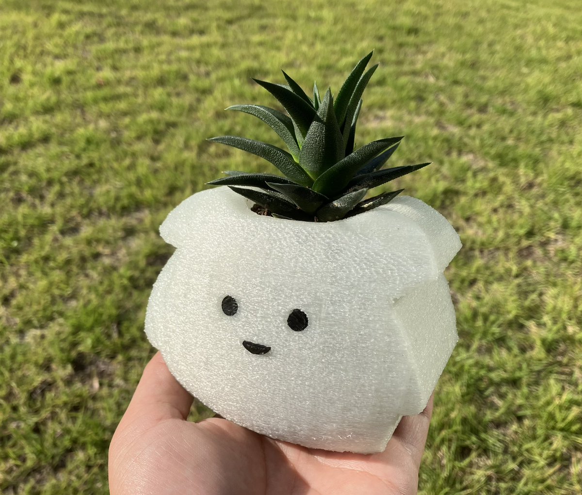 XJ6xtyjOxoY2yJ9's tweet photo. ちびモンスター(?)の鉢植えが想定の5倍かわいくできた.
1)お気に入りのスポンジを🧽
→2)写真撮って #Illustrator でSVG
→3)#TinkerCAD で3D
→4)#Adventurer3 でプリント
→5)多肉植物をポン
#flashprint のfuzzy skin初めて使ったけど素晴らしいかも. https://t.co/Br0hB1aiER