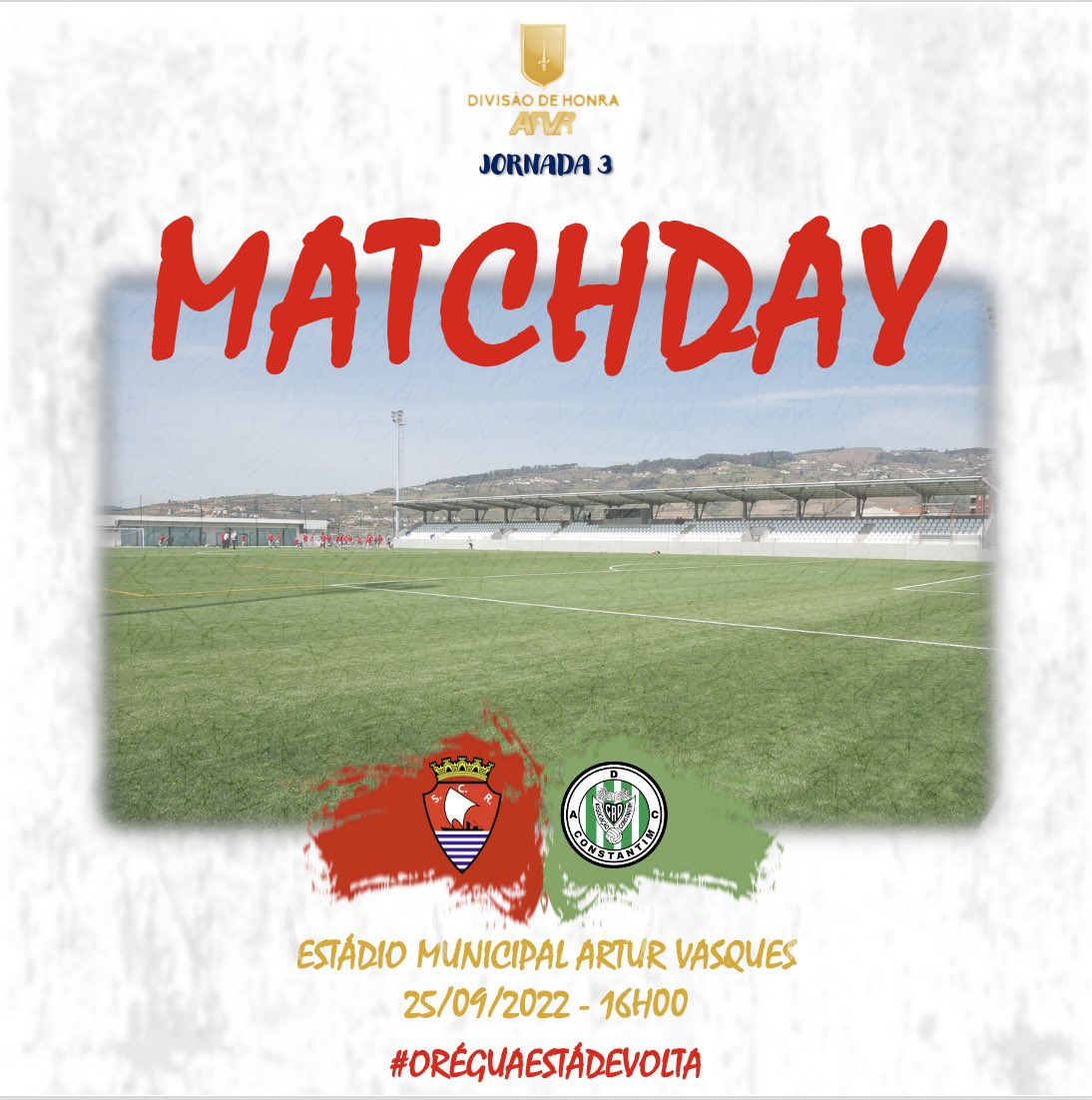 sportcluberegua's tweet photo. Dia de voltar à nossa ����𝗮𝘀𝗮 🔴⚪️
SC RÉGUA 🆚 ADC CONSTANTIM
🗓 25/09/2022
🏆 Divisão de Honra AFVR - Jornada 3
🏟 Estádio Municipal Artur Vasques
⌚️16H00
#SCRADCC #SCRégua #ORéguaEstáDeVolta #PeloRéguaTudo 🔴⚪️ https://t.co/zIS4KN9jRi