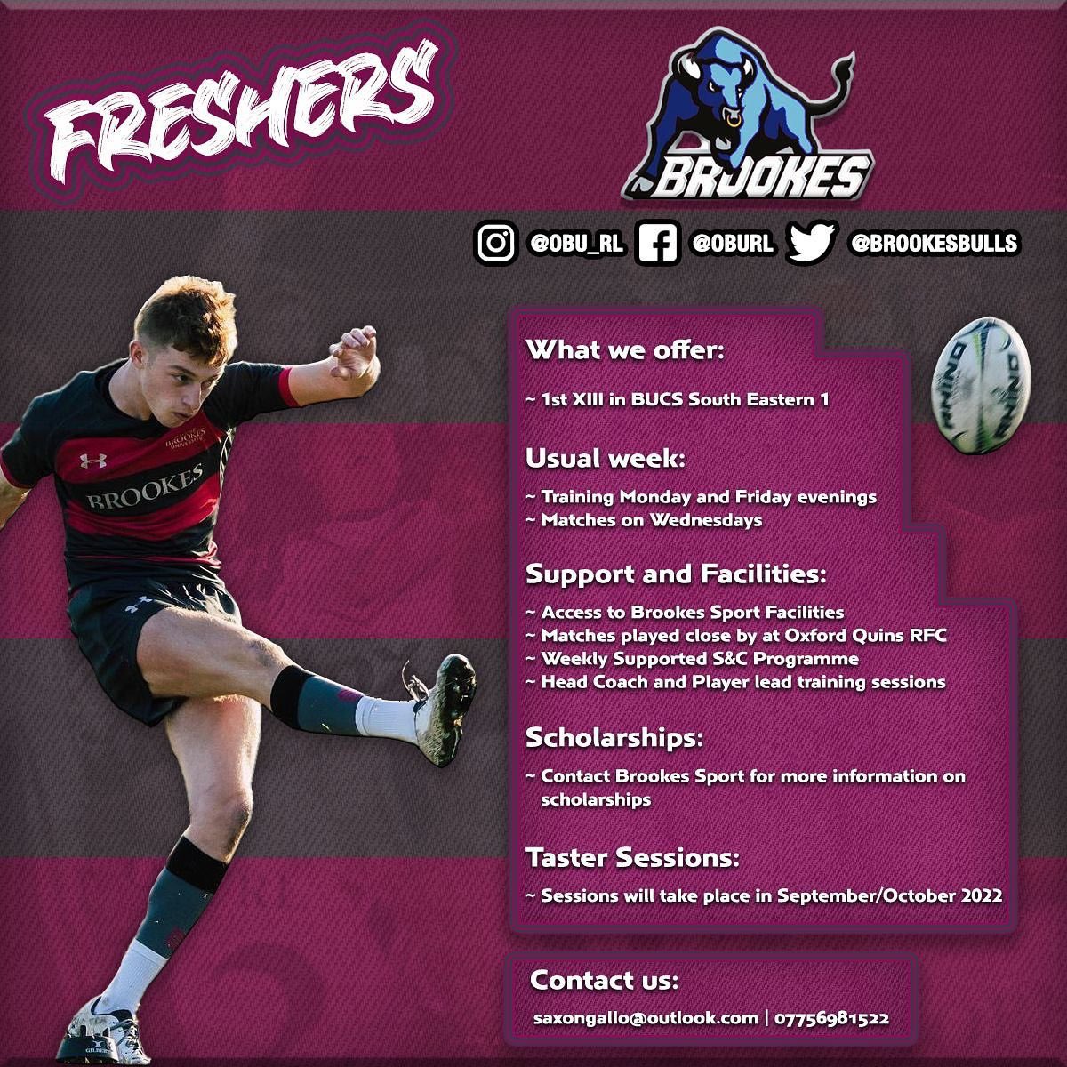 The Bulls are recruiting!!

We can’t wait to see you all at the Sports Fair next week (Wed 21st).

Everyone is welcome to sign up, whether you are male, female, experienced or a beginner it doesn’t matter!!

We would love for you to come and meet the committee

#BrookesBulls