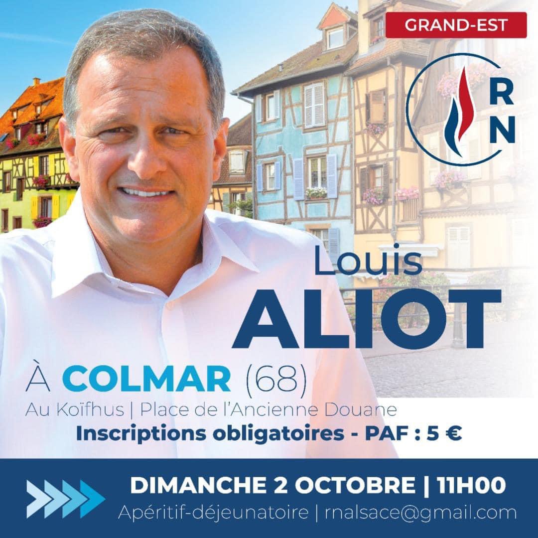 Pinto_Pierre's tweet photo. 🔵 Après avoir accueilli @J_Bardella à #Epfig, la Fédération Alsacienne du RN accueillera @louis_aliot à #Colmar le dimanche 2 octobre à 11h00.
➡️ Inscriptions : rnalsace@gmail.com https://t.co/DnM0UMCDlF
