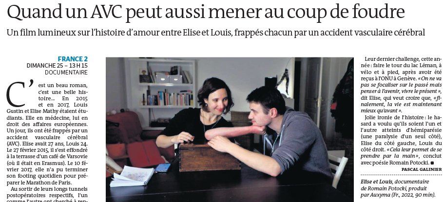 Une tranche de vie balisée de rires et d’engueulades, de bons et de mauvais moments… « Finalement, la vie est maintenant mieux qu’avant » 
"Elise et Louis" au <a href="/13h15/">13h15 France 2</a> de ⁦@France2tv⁩ : quand un AVC peut aussi mener au coup de foudre ⁦<a href="/pasgalinier/">Pascal Galinier</a> lemonde.fr/televisions-ra…