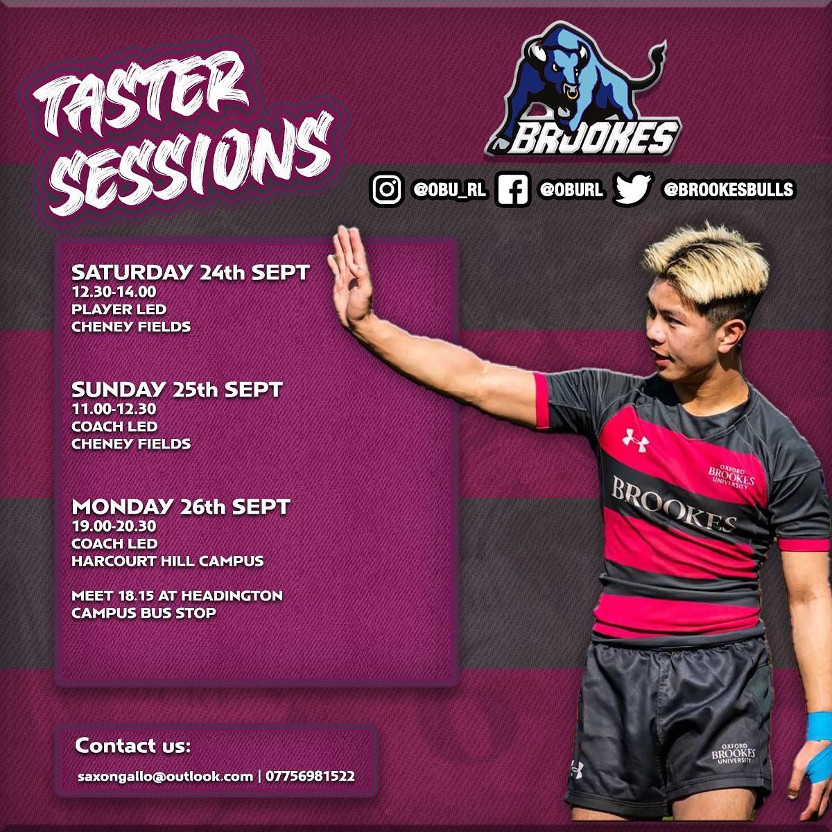 𝗧𝗮𝘀𝘁𝗲𝗿 𝗦𝗲𝘀𝘀𝗶𝗼𝗻𝘀

It’s that time of the year for the first taster sessions!! All are welcome

Please come along for a kick about and to learn the ropes

Afterwards, come along to the Sports Bar to chill and get to know everyone
See you all there 💙🐂

#BrookesBulls