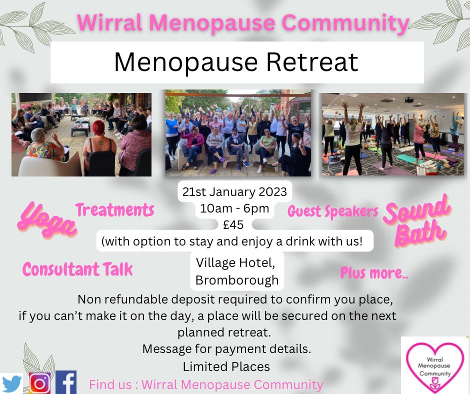 wirralmenopause's tweet photo. Due to the success of our 1st Retreat, here are the details of our next!
Message for payment details to secure your place. Limited spaces xx
#wirralmenopausecommunity #wirral #retreat #villagehotel https://t.co/cg0r0U9AVT