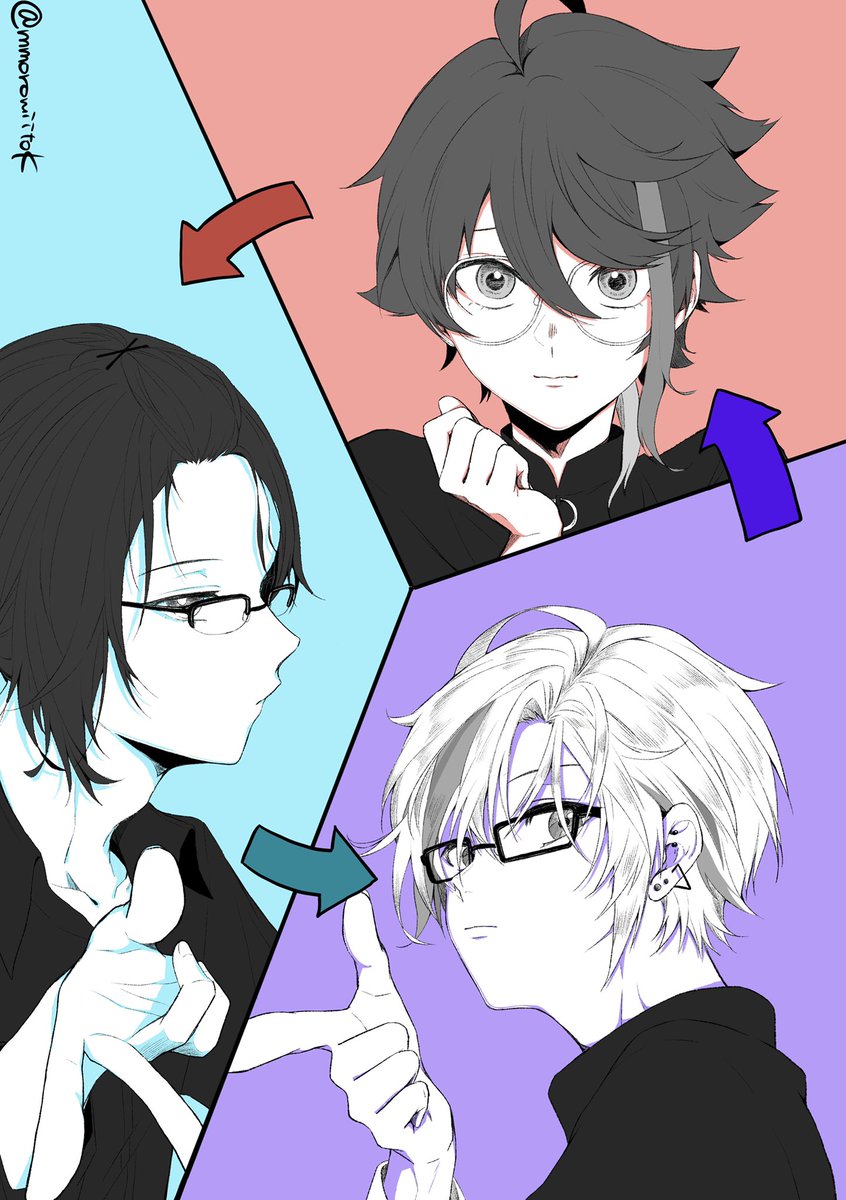 3boys multiple boys glasses male focus arrow (symbol) looking at viewer shirt  illustration images